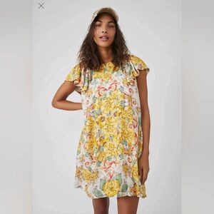 Free People Yellow Floral Ruffle-Sleeve Mini Dress